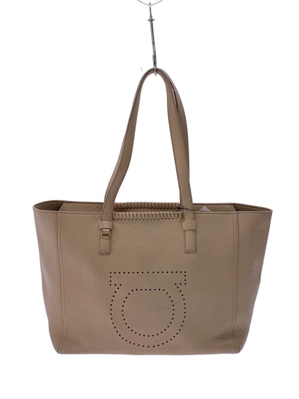 Salvatore Ferragamo Gancini Malta Perforated Tote Bag Leather Beige Tan
